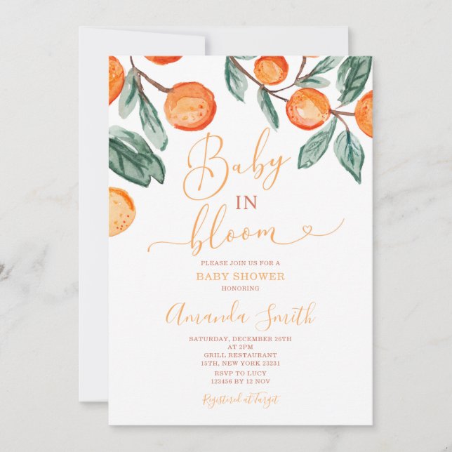 Invitación Naranja bebé en flor Summer Baby Shower (Anverso)