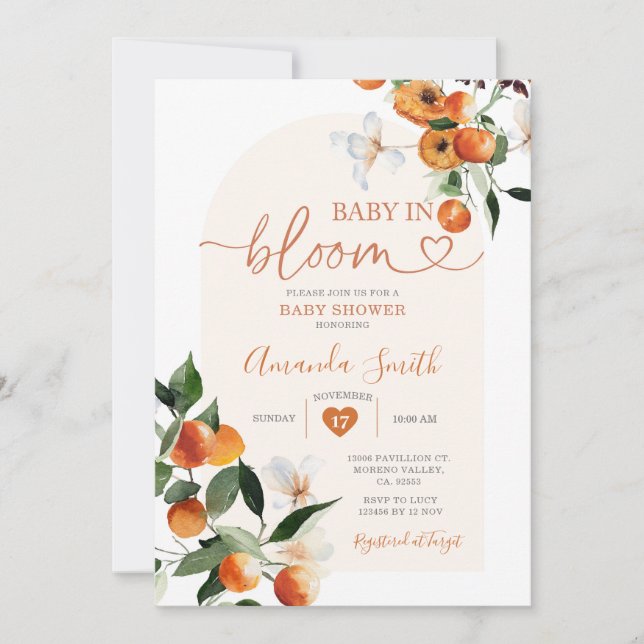 Invitación Naranja bebé en flor Summer Baby Shower (Anverso)
