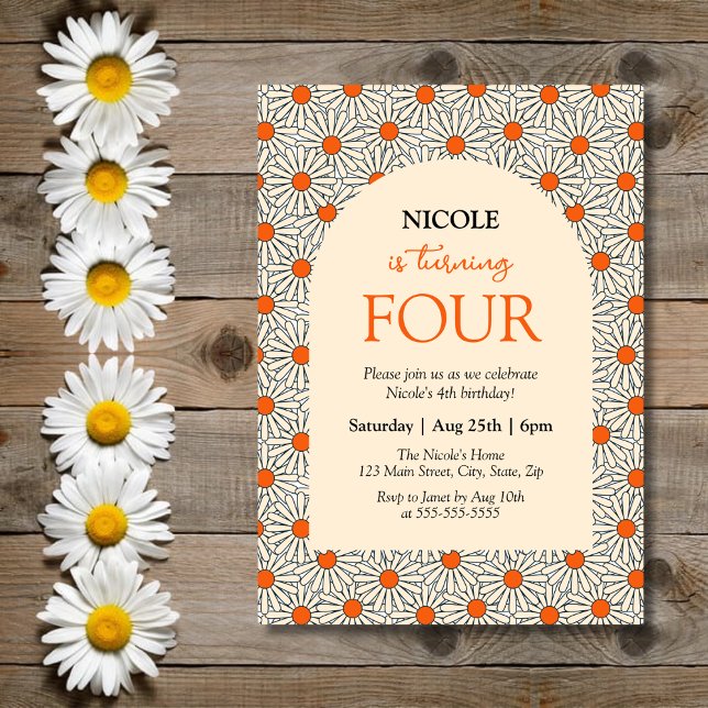 Invitación Naranja beige Daisies Arco Floral 4º cumpleaños (Subido por el creador)