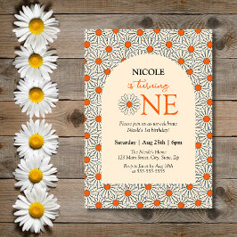 Invitación Naranja Beige Daisies Arco Floral Primer cumpleaño
