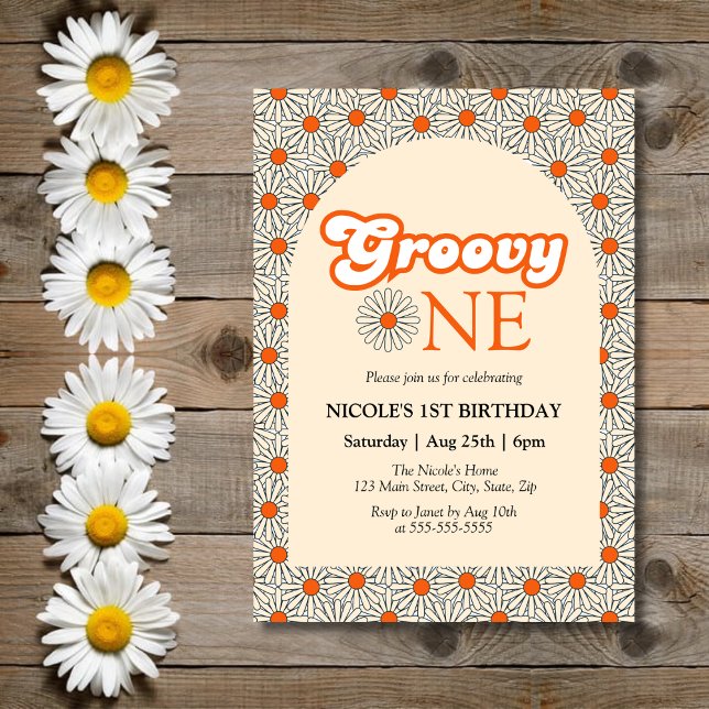 Invitación Naranja beige Daisy Groovy Arch 1er cumpleaños (Subido por el creador)