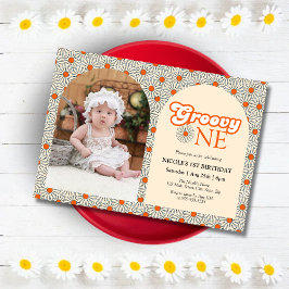 Invitación Naranja beige Daisy Groovy Foto Primer cumpleaños