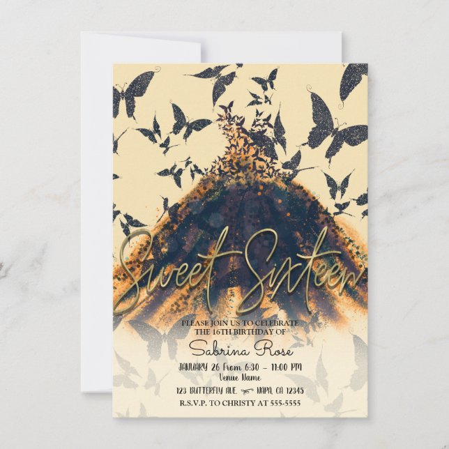 Invitación Naranja Black Butterfly Dance Dress Sweet 16 Fiest (Anverso)