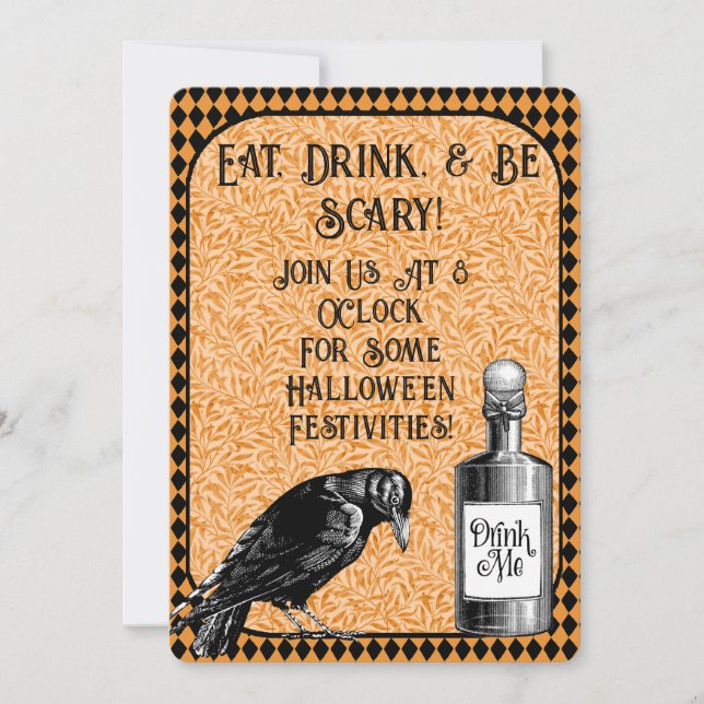 Invitación Naranja Black Crow Raven Halloween (Anverso)