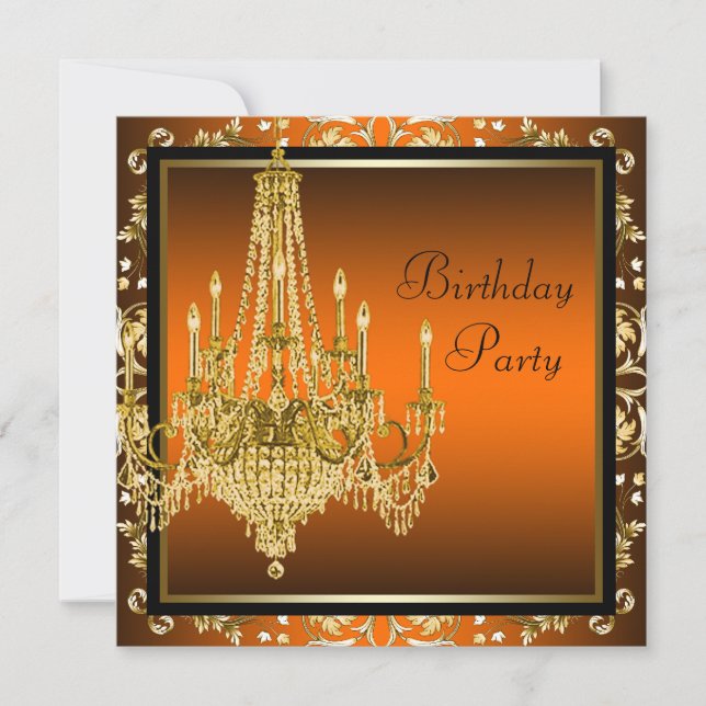 Invitación Naranja Black Gold Damask Chandelier Birthday Part (Anverso)