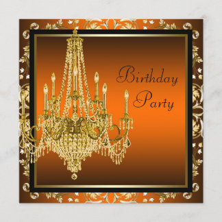 Invitación Naranja Black Gold Damask Chandelier Birthday Part