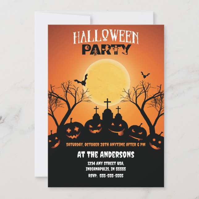Invitación Naranja Black Halloween Party Pumpkin Graveyard (Anverso)