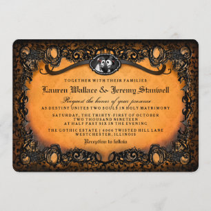 Invitación Naranja Black Halloween Skeletons RECEPTION INFO