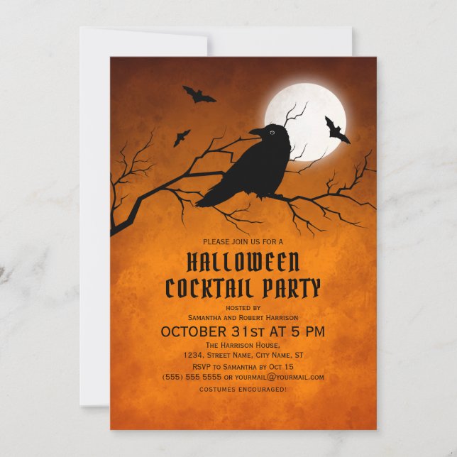 Invitación Naranja Black Raven Bats Full Moon Halloween (Anverso)