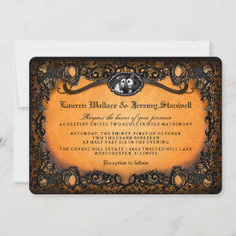 Invitación Naranja Black Skeletons Halloween Wedding RECEPTIO