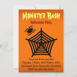 Invitación Naranja Black Spider Web Halloween Party 5" x 7"