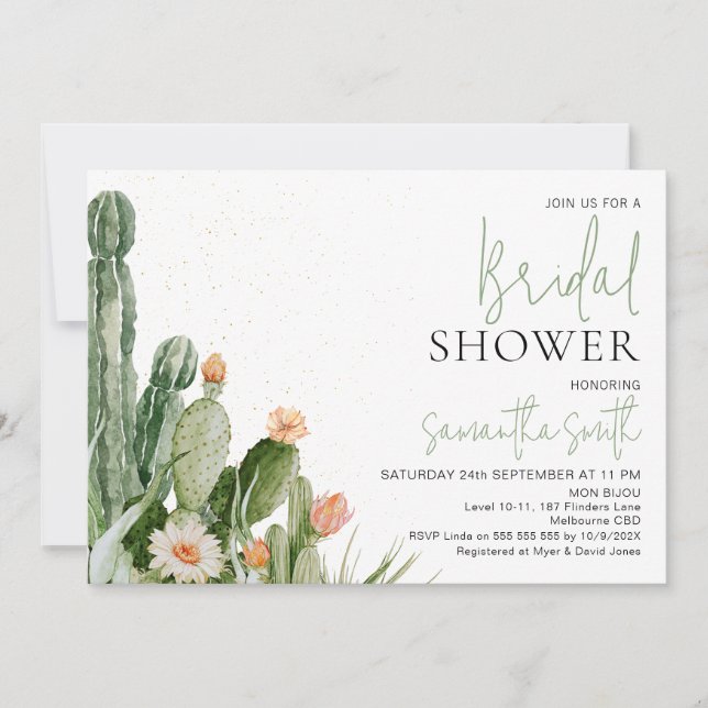 Invitación Naranja blanco Cactus Floral Suculento Ducha Brida (Anverso)
