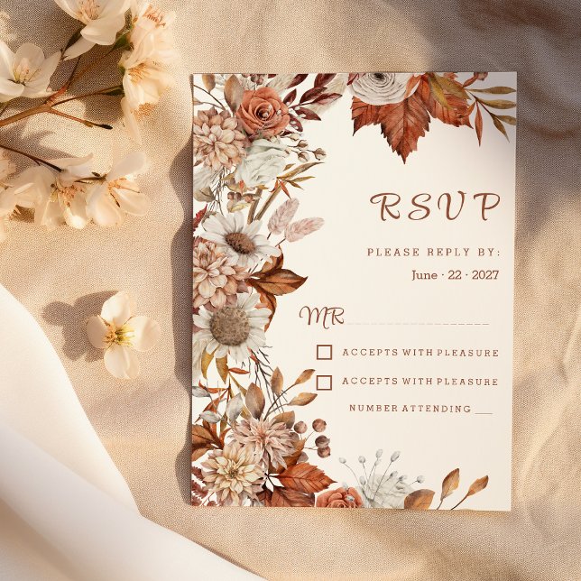 Invitación Naranja blanco marrón caída floral RSVP rústico (Brown white orange fall floral rustic RSVP)