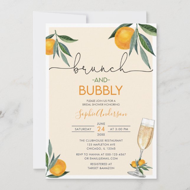 Invitación Naranja Blossom Bridal Brunch y Bubbly Mimosa  (Anverso)