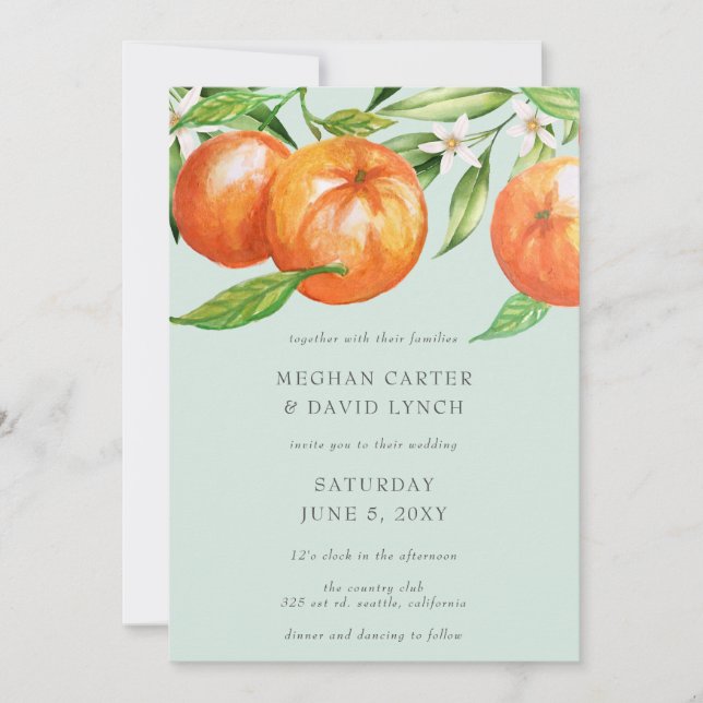 Invitación Naranja Blossoms Citrus Boda Botánico (Anverso)