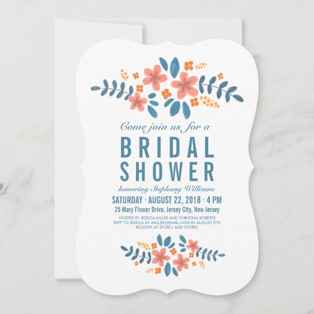 Invitación Naranja Blue Floral Bridal Shower Foto Invitada (Anverso)