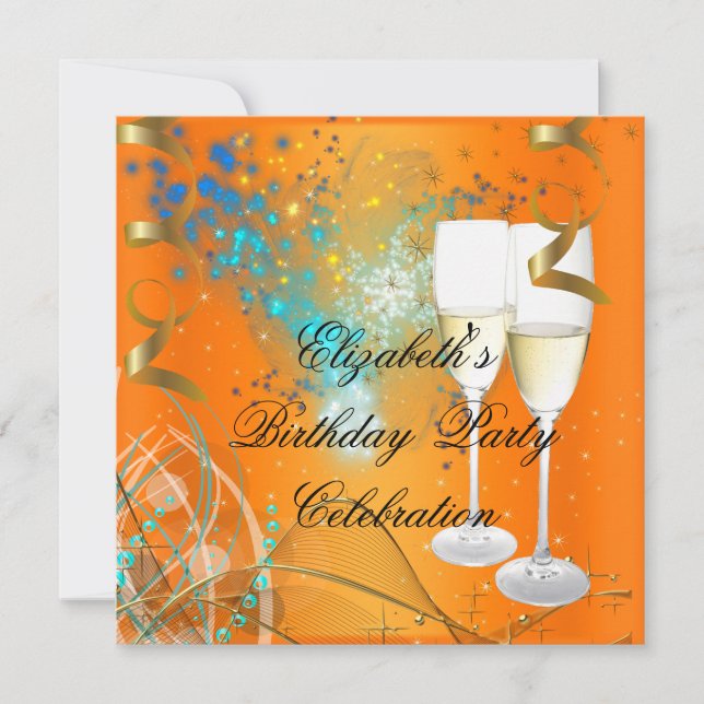 Invitación Naranja Blue Gold Fiesta de cumpleaños Champagne (Anverso)