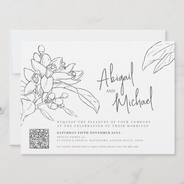 Invitación Naranja boceto de floración boda monofoto (Anverso)