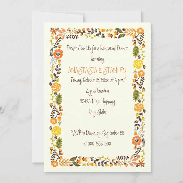 Invitación Naranja boda de borde floral cena de ensayo (Anverso)