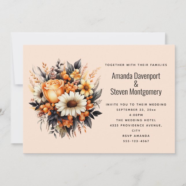 Invitación Naranja Boda de Bouquet de flores grises amarillas (Anverso)