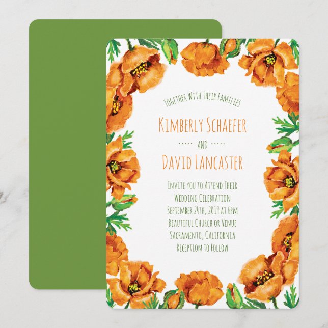 Invitación Naranja Boda de flor de amapola (Anverso / Reverso)