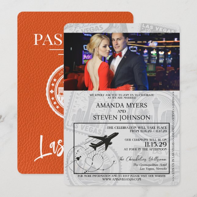 Invitación Naranja Boda de Pasaporte Las Vegas (Anverso / Reverso)