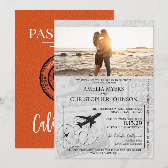 Invitación Naranja Boda de Pasaportes de California (Anverso / Reverso)