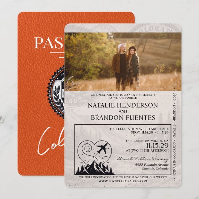 Invitación Naranja Boda de Pasaportes de Colorado (Anverso / Reverso)
