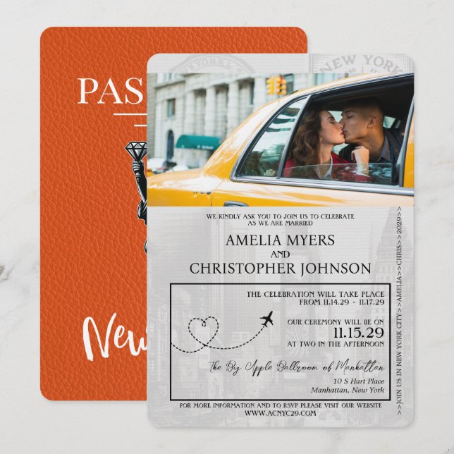 Invitación Naranja Boda de Pasaportes de Nueva York (Anverso / Reverso)