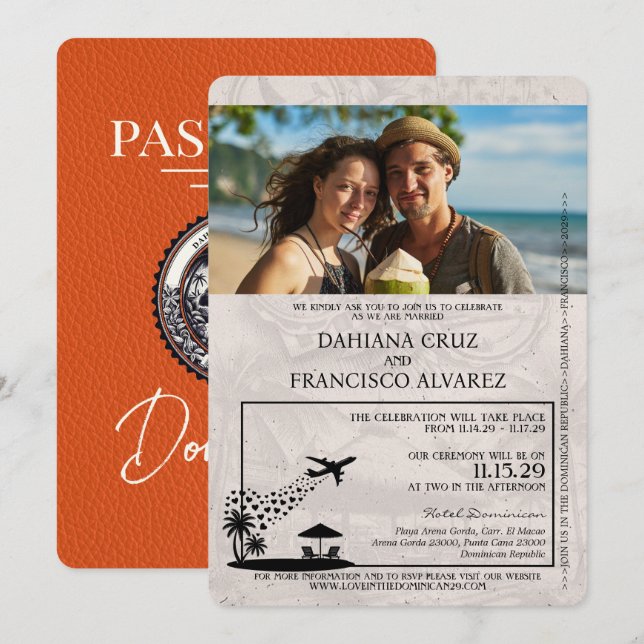 Invitación Naranja Boda de Pasaportes de República Dominicana (Anverso / Reverso)