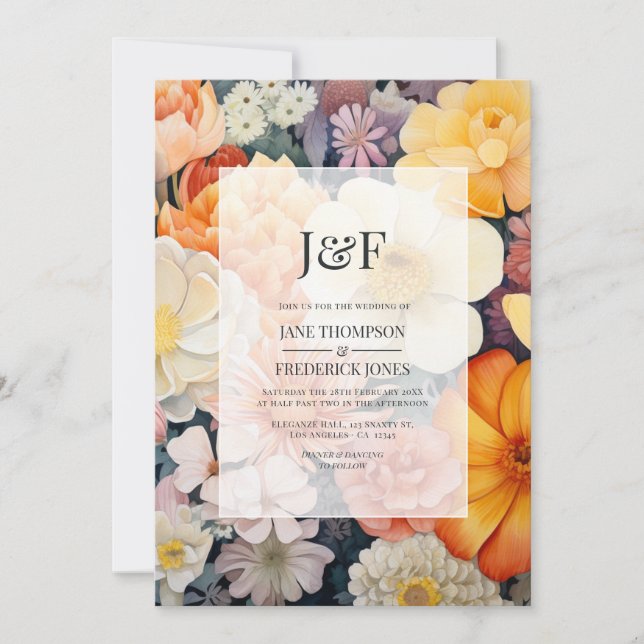 Invitación Naranja, Boda Floral Blanco y Goldenrod (Anverso)