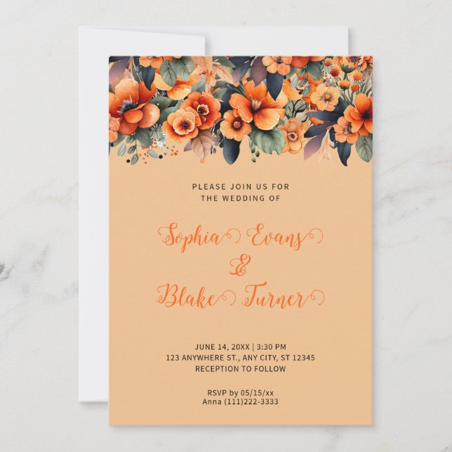 Invitación Naranja Boda Naranja del Acuerdo de Flores Silvest (Anverso)