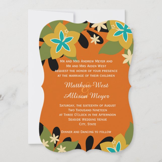 Invitación Naranja Boda Tropical Floral (Anverso)