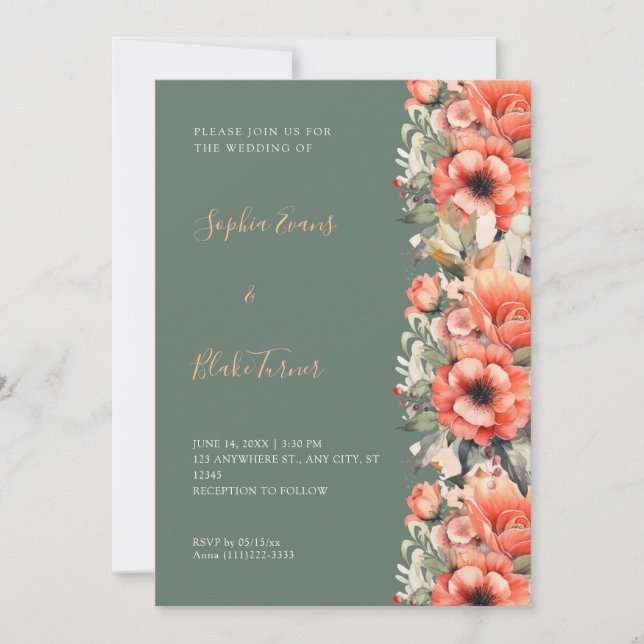 Invitación Naranja bohemia Floral Caída Boda Verde (Anverso)