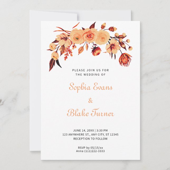 Invitación Naranja Bohemian Boda Blanco Floral (Anverso)