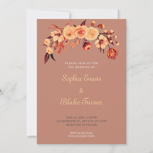 Invitación Naranja Bohemian Floral Brown Boda (Anverso)