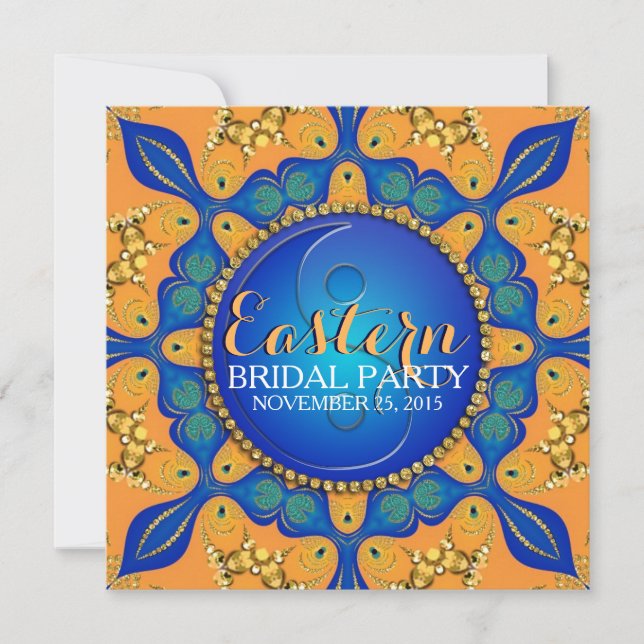 Invitación Naranja Bohemiana Real de Oro Azul ducha de novia (Anverso)