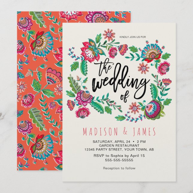 Invitación Naranja bohemio flor folclórica Boda de Moda Boho (Anverso / Reverso)