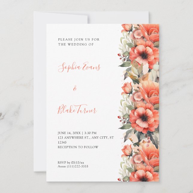 Invitación Naranja bohemio Floral Caída Boda Blanco (Anverso)