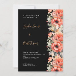 Invitación Naranja bohemio Floral Caída Boda negro
