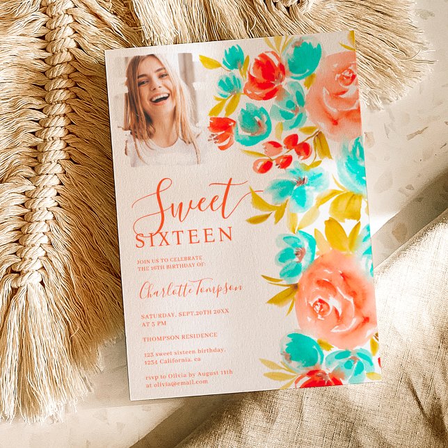 Invitación Naranja bohemio moda de foto floral azul dulce 16 (Bohemian orange blue floral photo chic sweet 16 invitation)