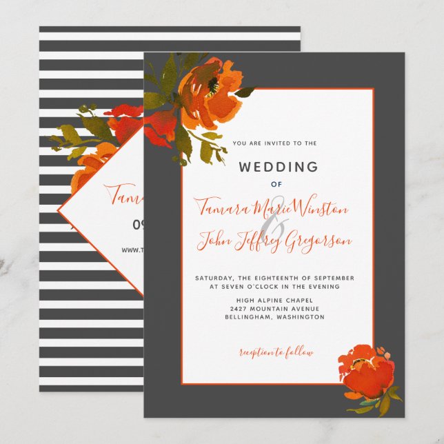 Invitación Naranja bohemio moderno Boda de Flores Gris (Anverso / Reverso)