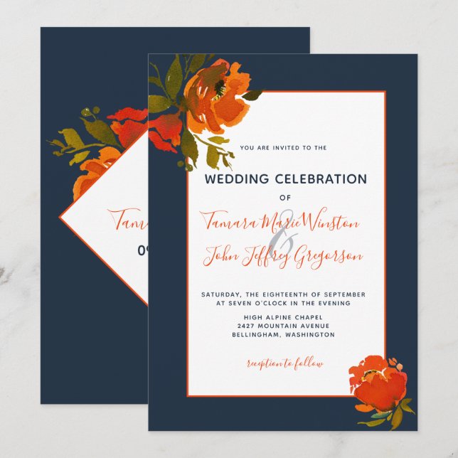 Invitación Naranja bohemio moderno Boda/evento floral (Anverso / Reverso)