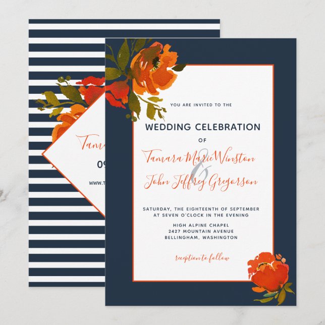 Invitación Naranja bohemio moderno Boda/evento floral (Anverso / Reverso)