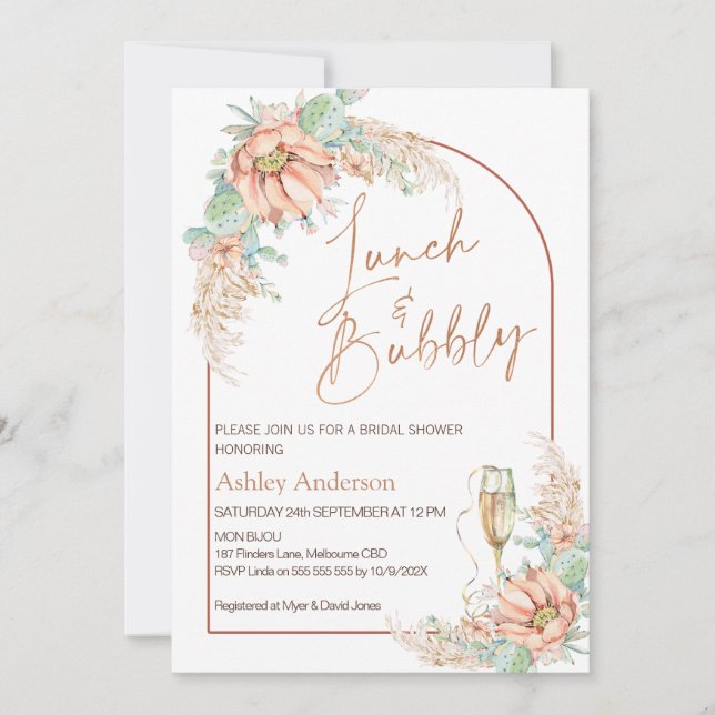 Invitación Naranja Boho Cactus Lunch y Bubbly Bridal Shower (Anverso)