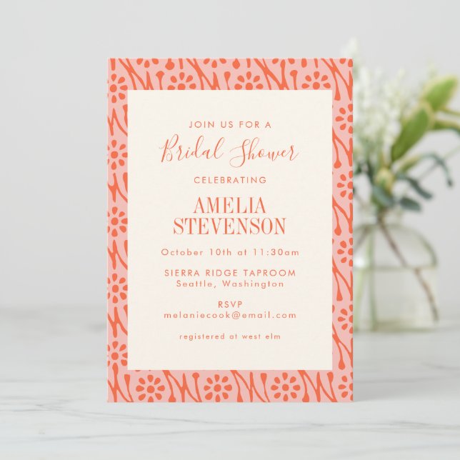 Invitación Naranja Boho Coral Flores Botánicas Ducha de Novia (Anverso de pie)