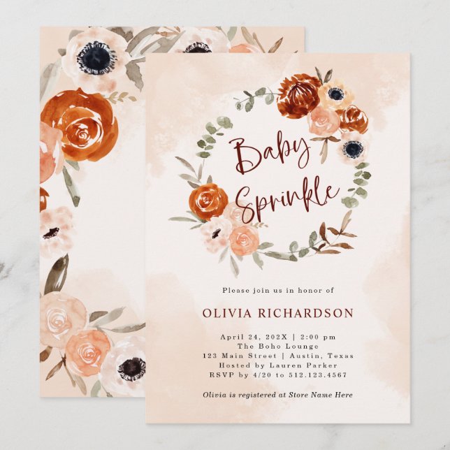 Invitación Naranja Boho | Espoleta de agua Rubor Baby (Anverso / Reverso)