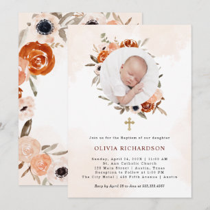 Invitación Naranja Boho   Foto de bautismo acuarela