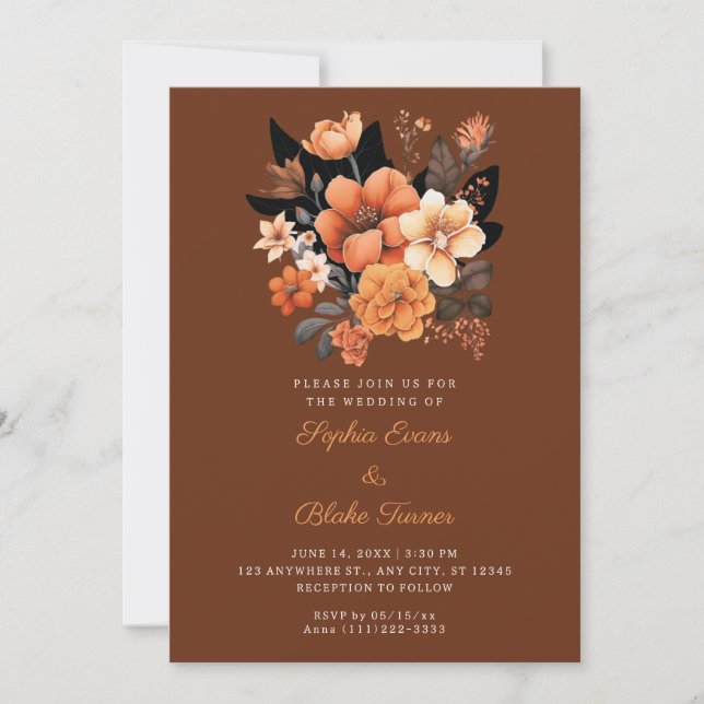 Invitación Naranja bonito Floral Bouquet Fall Boda Brown (Anverso)