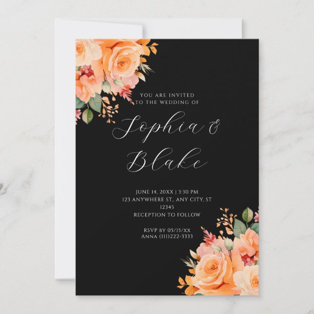 Invitación Naranja bonito Floral Elegante Boda Negro (Anverso)
